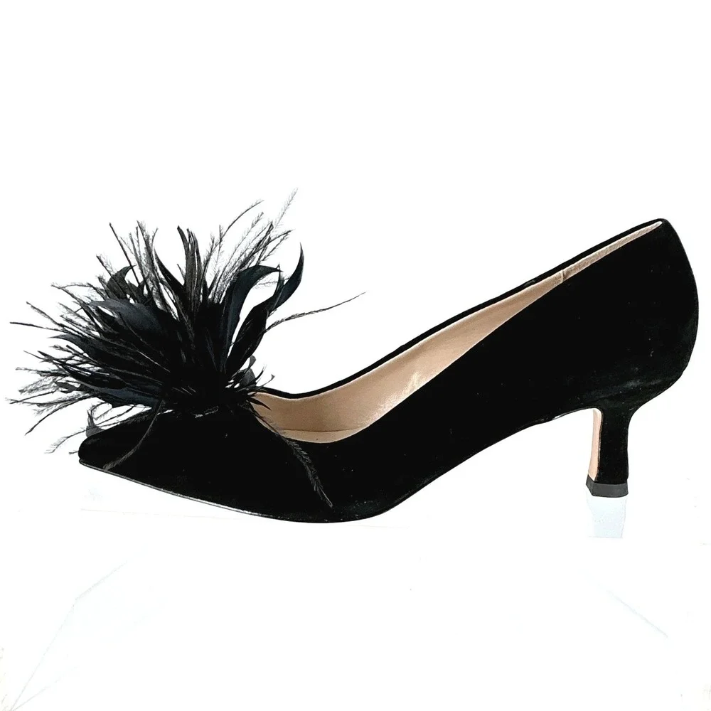 Pelle Moda Size 7.5 Black Suede Ostrich Feather Kitten Heel Pump NEW Kealie $165